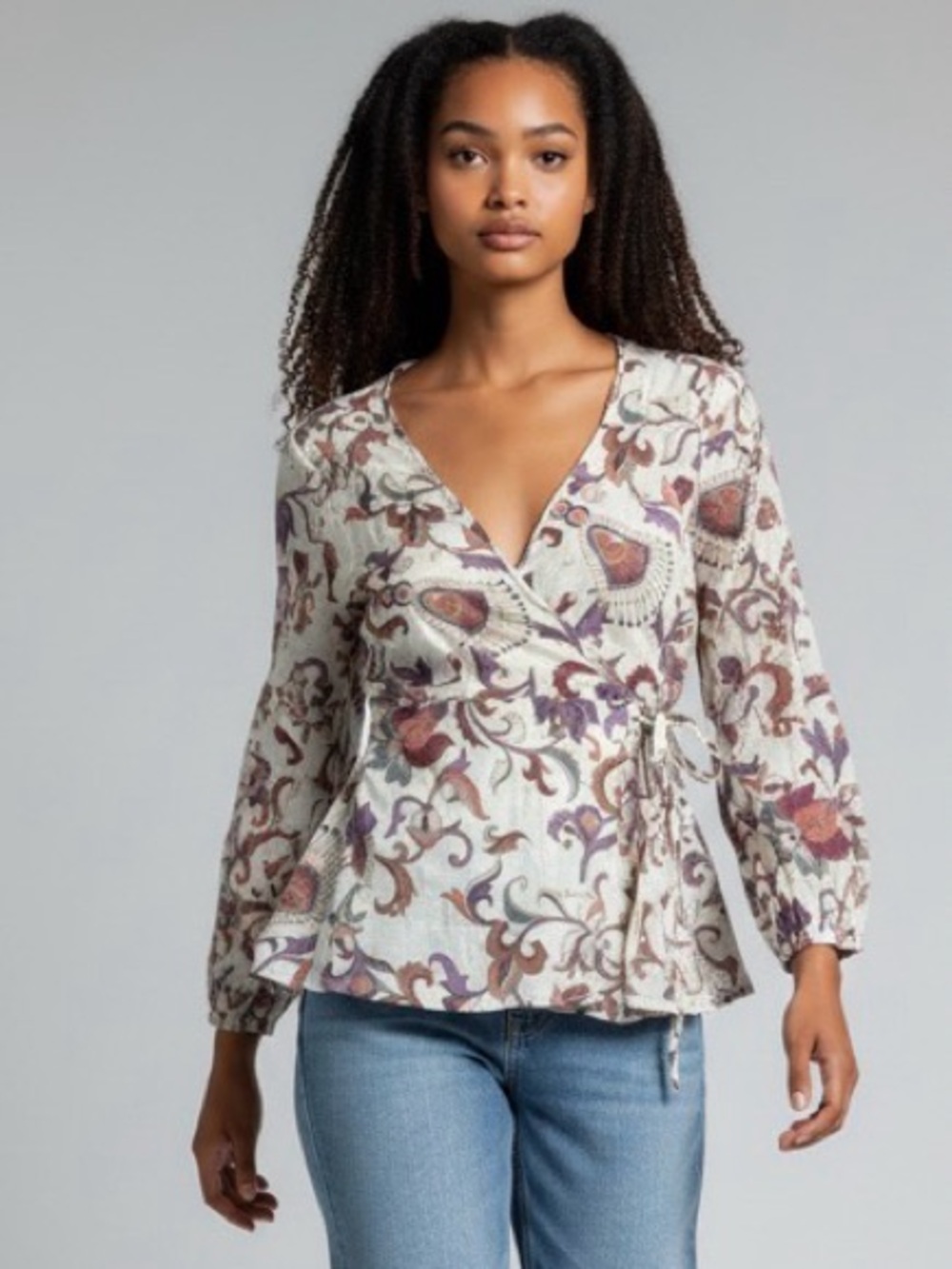 Harve Benard Boho Floral Print Blouse long sleeves & metallic details